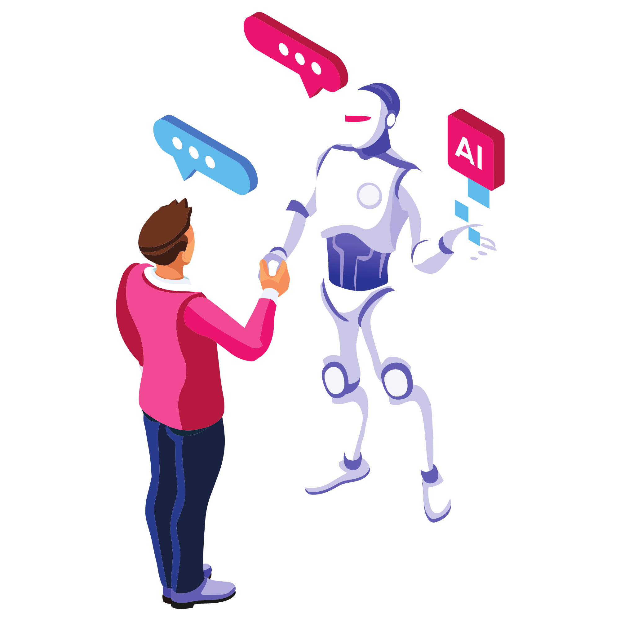 Illustration einer Konversation zwischen Mensch und KI Roboter