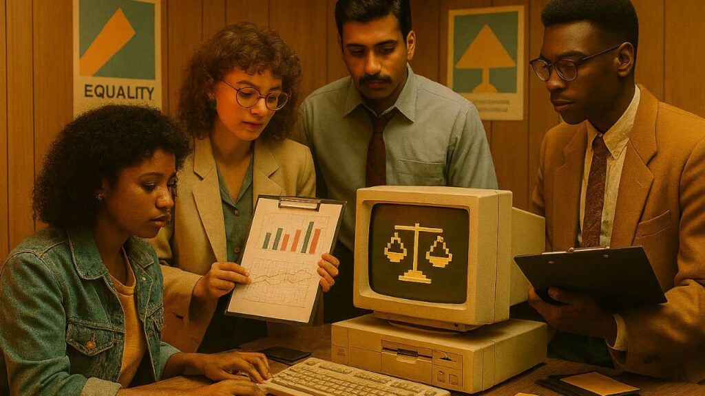 Diverses Team analysiert Daten zur Bewertung von Fairness und Gerechtigkeit, unterstützt von einem Retro-Computer mit einer Waage als Symbol für ethische KI.