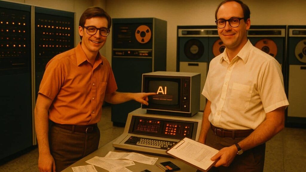 Zwei IT-Experten in einer 80er-Jahre-Rechnerumgebung präsentieren stolz den Schriftzug „AI“ – eine Hommage an die frühen Anfänge der Künstlichen Intelligenz, die heute im KI-Café ganz neue Wege geht.