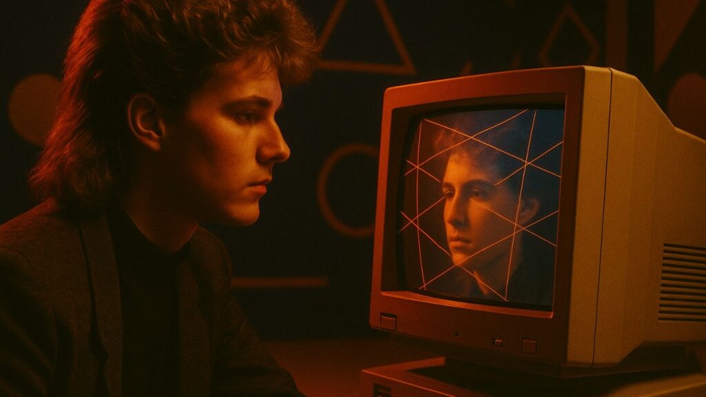 Ein junger Mann im Retro-Look blickt auf einen alten Monitor, auf dem sein eigenes Gesicht mit roten Linien gescannt wird – symbolisch für Selbstreflexion, KI-Identität und Mensch-Maschine-Beziehung.