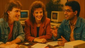 Drei Menschen im Retro-Stil der 80er diskutieren lebhaft vor alten Computern – symbolisch für die Anfänge digitaler Transformation und heutige Fragen rund um Künstliche Intelligenz.