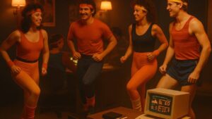 Ein sportliches Team trainiert gemeinsam vor einem Retro-Computer mit KI-Analyse-Dashboard – symbolisiert den Einsatz von Business Analytics und Künstlicher Intelligenz im Teamwork-Kontext.