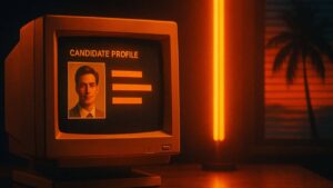 Retro-Computer zeigt das digitale Profil eines Bewerbers – symbolisiert den Einsatz von Künstlicher Intelligenz im Recruiting und der automatisierten Bewerberanalyse.