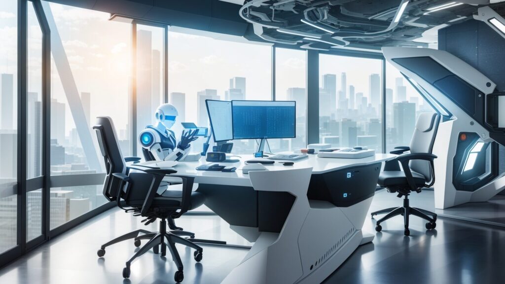 Roboter an einem Schreibtisch in einem Büro mit Skyline Aussicht.