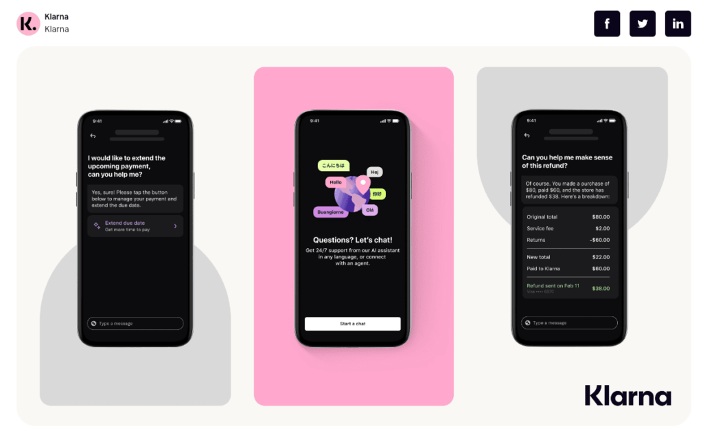 Drei Smartphones zeigen unterschiedliche Nutzeroberflächen der Klarna-App auf einem pinken Hintergrund. Das linke Gerät zeigt eine Chat-Anfrage, die mittlere eine mehrsprachige Chat-Option und das rechte eine Erklärung einer Rückerstattung. Dies verdeutlicht die Vielseitigkeit und Benutzerfreundlichkeit der App in der Kundenkommunikation.