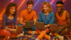 Vier junge Menschen im 80er-Aerobic-Look sitzen in einem neonbeleuchteten Vaporwave-Raum auf einem Laser-Rasterboden. Sie arbeiten mit Retro-Laptops an „custom GPTs“, umgeben von Disketten, Kassetten und einer Polaroidkamera.