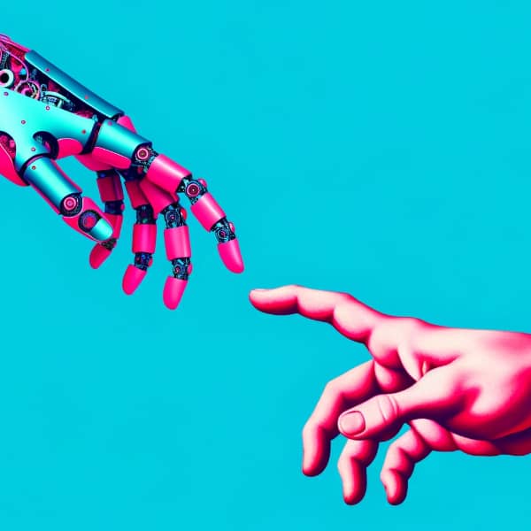 KI-Consulting, Bild von 2 Händen, die sich berühren, ein Mensch und ein Roboter