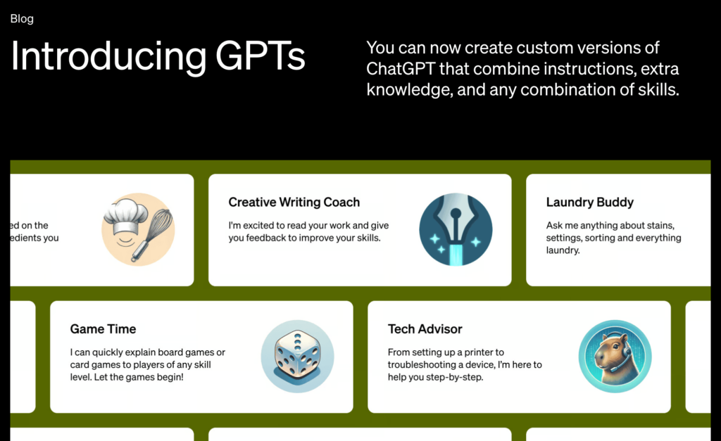 Website für benutzerdefiniertes GPT von OpenAI. mit einer Vielzahl Cutom GPTs abgebildet.