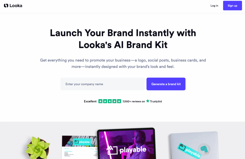 Bild zeigt die Benutzeroberfläche von Looka, wo Nutzer mit KI-Unterstützung Logos und Brand Kits erstellen können.