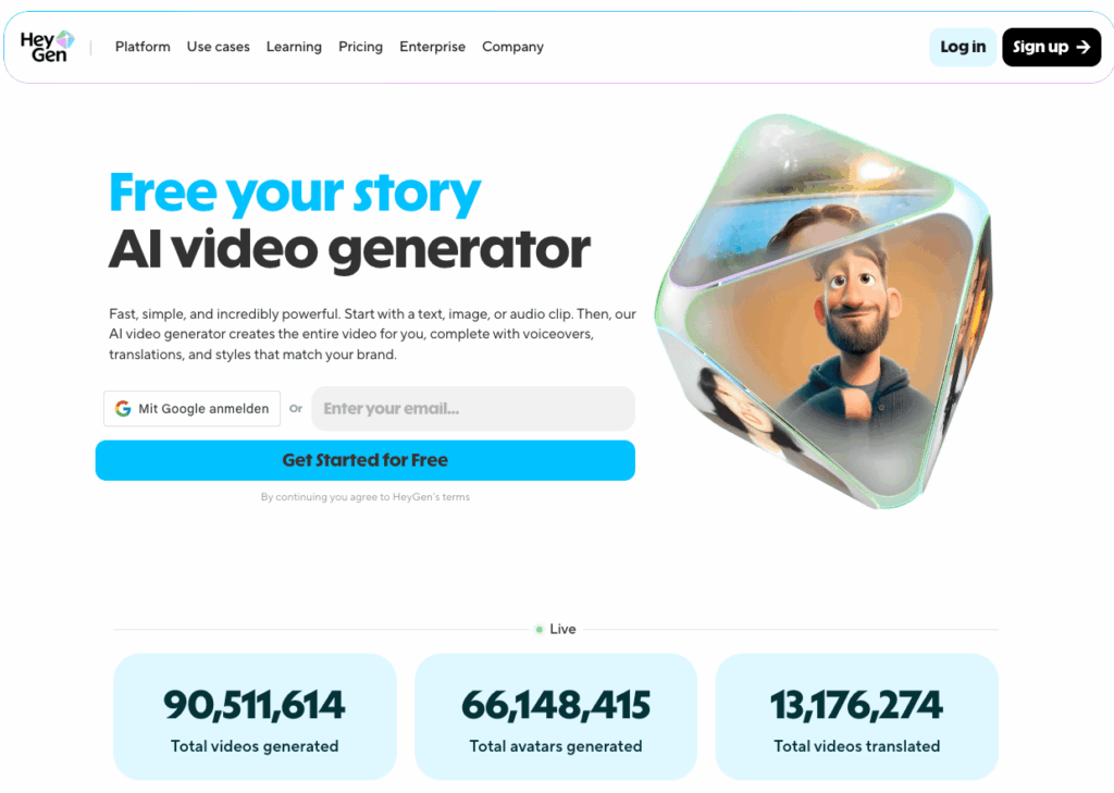 Bild zeigt die Startseite von HeyGen, eine KI-basierte Videoplattform für die Erstellung von Geschäftsvideos.