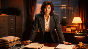 Eine realistische Büroszene aus den 1980er Jahren im starken „Business Power“-Stil, fotografiert wie authentischer analoger 35-mm-Film. Ein selbstbewusster Büroprofi in einem klassischen Power-Blazer mit Schulterpolstern aus den 80er Jahren steht hinter einem großen Holzschreibtisch. Auf dem Schreibtisch liegen ordentlich sortierte Ordner, Papierstapel, Karteikarten mit wichtigen Arbeitsmitteln und ein Vintage-Taschenrechner. Keine moderne Technologie. Die Person wirkt konzentriert, inspirierend und entschlossen. Warme neonorangefarbene Akzente, inspiriert von Retro-CI-Farben.