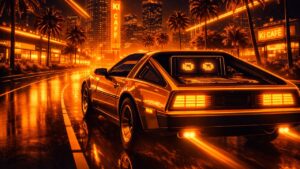 Ein autonomes Auto (Retro-Cyber-Stil, z.B. wie ein DeLorean oder Pontiac Fiero) fährt nachts durch eine neonbeleuchtete Stadt mit Palmen und Laser-Linien am Himmel. Drinnen: Kein Fahrer, nur ein KI-Terminal mit Pixel-Augen. Die Straßen spiegeln sich, überall Glow – typischer Vaporwave-Look mit warmem Farbstich.