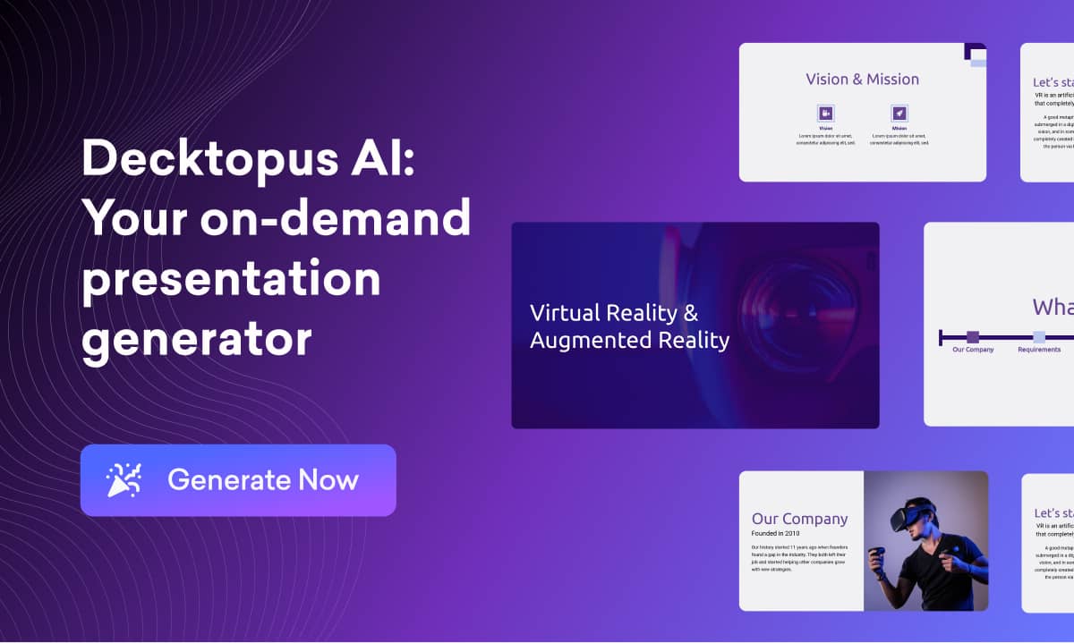 Decktopus AI: Gestalte beeindruckende Präsentationen im Handumdrehen – dein sofort verfügbarer AI-Präsentationsgenerator.