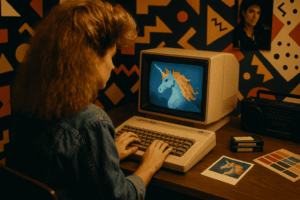Junge Frau im 80er-Jahre-Stil tippt auf einem Commodore 64, während der Computer ein buntes Pixelbild malt, im Memphis-Raum mit Boombox, VHS-Kassetten und Polaroid.