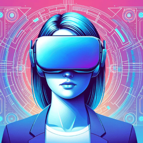 Business Analytics mit KI: Foto von Frau mit VR Brille mit bunten Farben