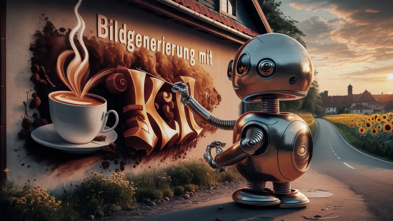 Ein futuristischer Roboter sprüht das Bild einer dampfenden Kaffeetasse auf eine Hauswand, unterstrichen mit dem Text 'Bildgenerierung mit KI', eine Darstellung der Verschmelzung von Kunst und Technologie.