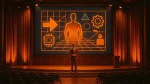 Ein Redner steht vor einer Leinwand mit KI-Symbolen – Visualisierung, wie KI beim Erstellen von Präsentationen unterstützt. Anleitung, Tipps & Tools – jetzt auf KI-Café entdecken.