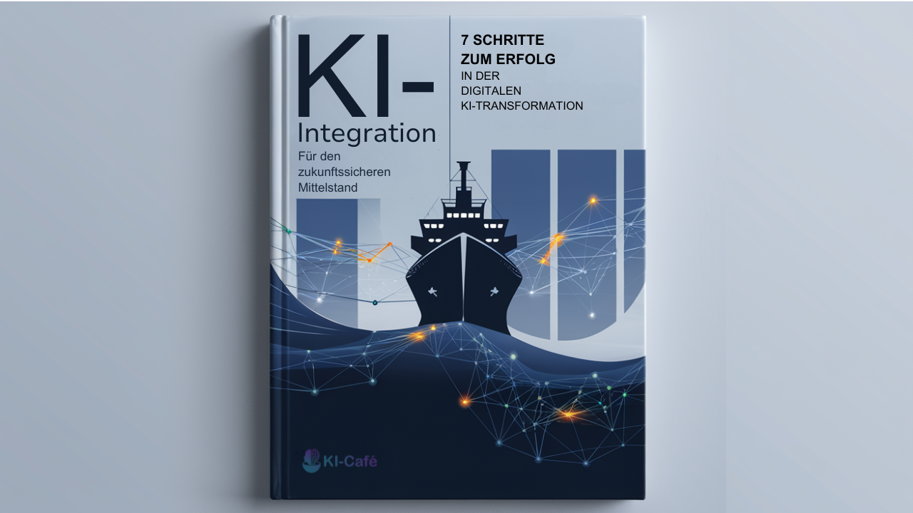 Das Coverbild vom Buch KI-Integration im Mittelstand, das ein großes Schiff zeigt und sicher durch die See mit KI schifft.