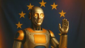 Ein Roboter vor der europäischen Flagge, der den EU AI Act symbolisiert – die KI-Verordnung, die ab 2025 neue Regeln für Unternehmen bringt.