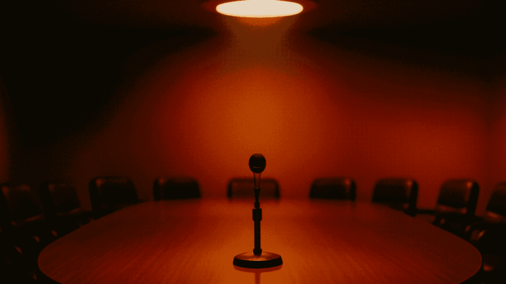 Ein leerer Konferenzraum im 80er-Jahre-Stil mit einem langen ovalen Tisch. In der Mitte steht dezent ein klassisches Konferenzmikrofon unter warmem Licht, symbolisch für KI-gestützte Meeting-Protokollierung.