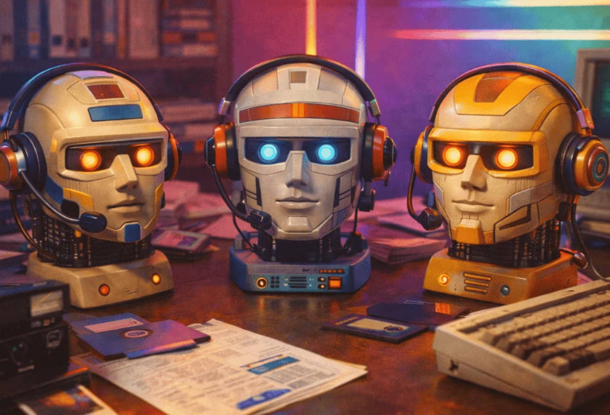 Drei humanoide Roboterköpfe im Stil der 80er stehen im KI-Café auf einem Retro-Schreibtisch – zwischen Disketten, Polaroid und Neonlicht. Symbolbild für kognitive KI & Prozessautomatisierung.