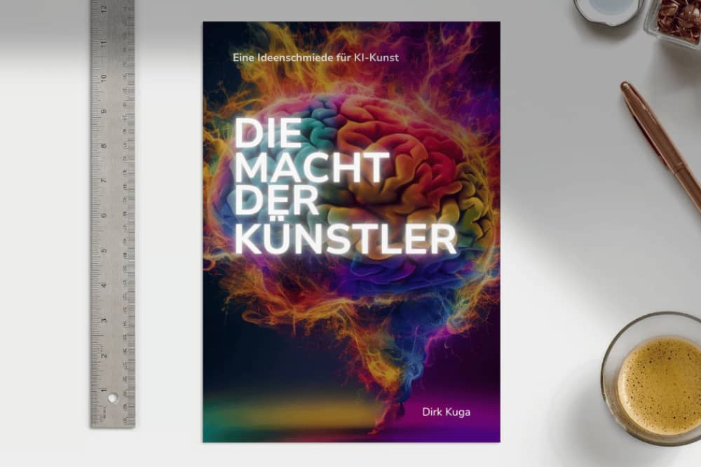 E-Book: Die Macht der Künstler. Abbildung E-Book liegt auf Tisch. KI-Bildgenerierung Vorlagen