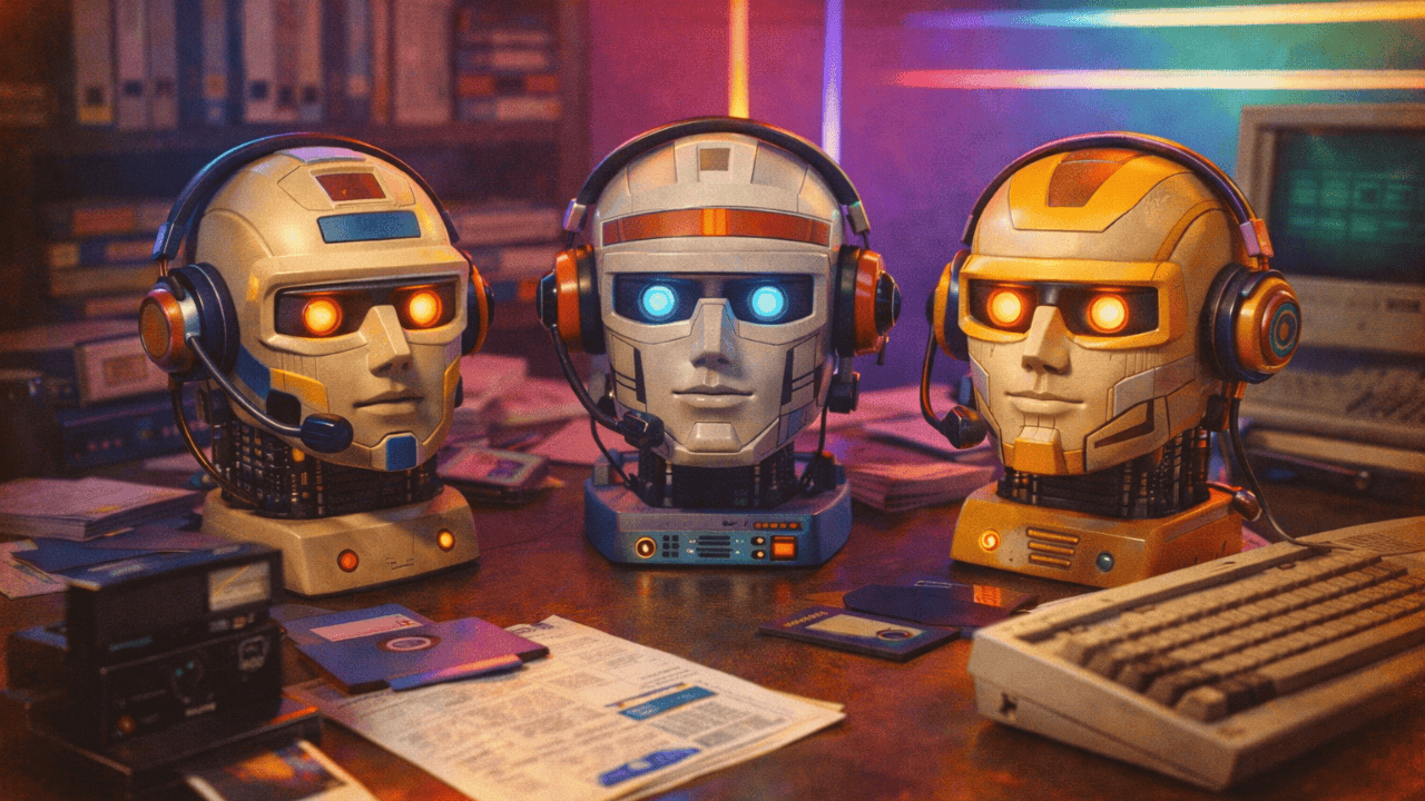 Kognitive KI. Drei-humanoide-Roboterkoepfe