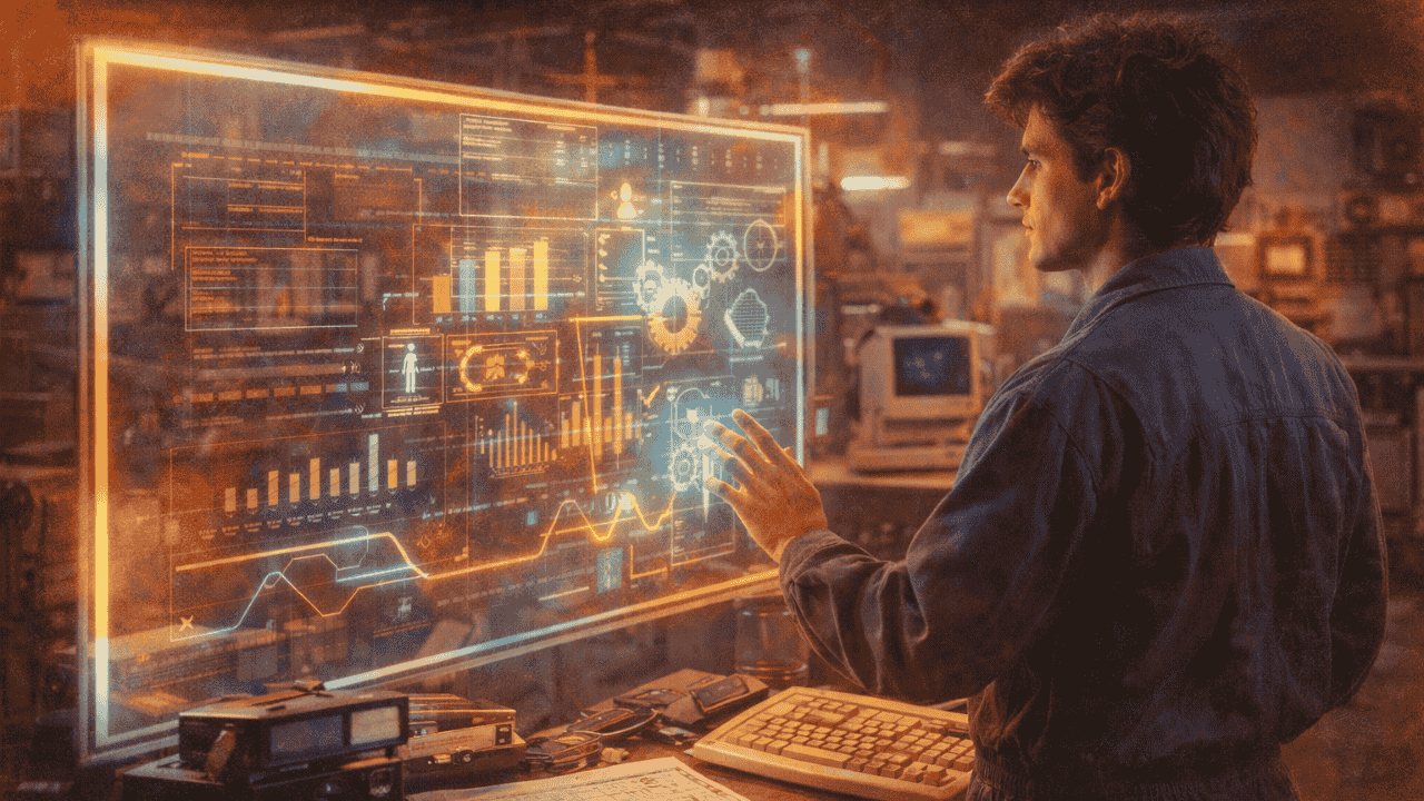 KI in der Produktion : Smart Factory Ein Techniker im Overall bedient im KI-Café der 80er einen holographischen Bildschirm mit Produktionsdaten – umgeben von Polaroidkamera, Disketten und Retro-Equipment. Symbol für KI in der Smart Factory mit industriellem Retro-Charme.