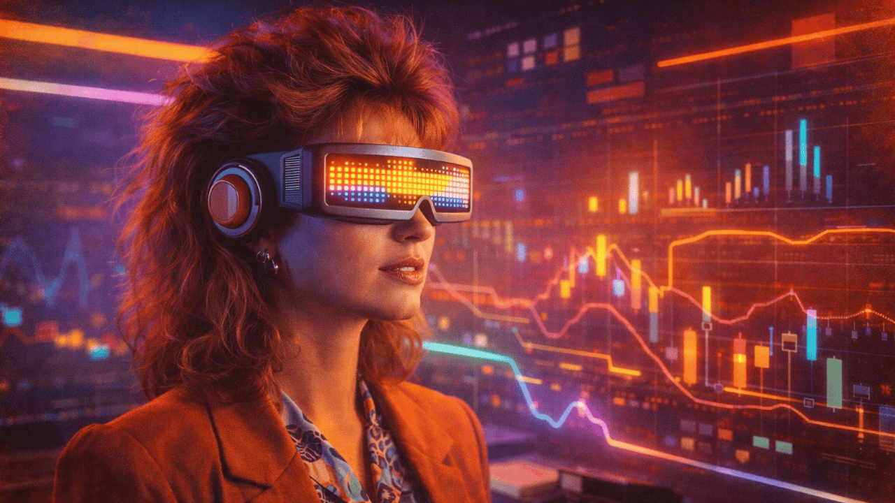 Predictive AI Frau mit Retro-VR-Brille im KI-Café analysiert bunte Datenvisualisierungen. 80s-Futurismus trifft auf moderne Vorhersagekraft – inspiriert von Predictive AI & Business Analytics.
