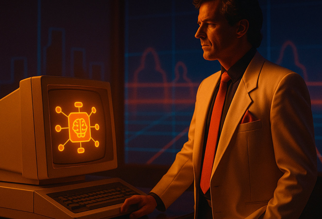 Mann mit roter Krawatte steht an einem alten Computer und blickt auf KI-Technologie und sucht nach KI-Beratung.