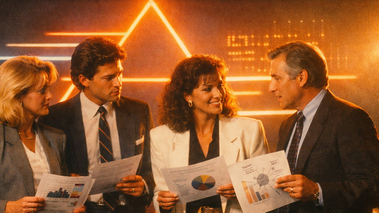 Ein selbstbewusstes Business-Team mit Schulterpolster-Blazern steht vor einem futuristisch-abstrakten Neon-Licht-Setup, diskutiert Use-Cases mit ausgedruckten Diagrammen und wirkt, als würde es gerade die Zukunft planen.