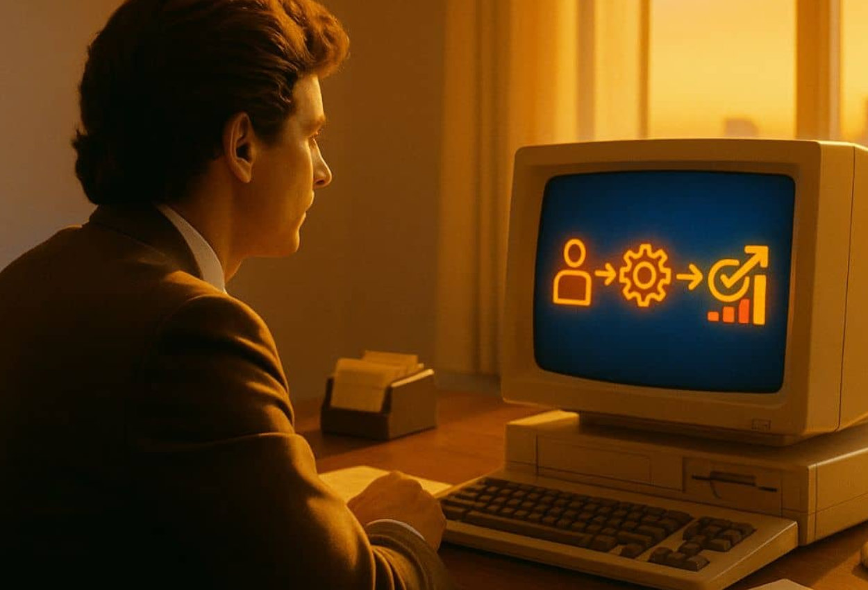 og-customgpts-auswahl-kostenlos-ki-cafe Mann sitzt vor einem PC mit Retro Vibes und erstellt einen CustomGPT.