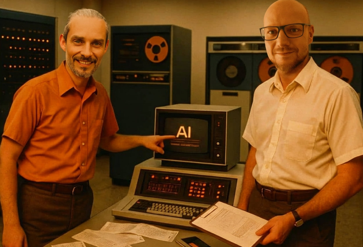 Kontakt im Serverraum Christian Kleemann und Dirk Kuga als Retro Mitarbeiter stehen in einem Serverraum