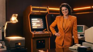 Ein selbstbewusste Managerin aus den 1980er Jahren steht vor einem Retro-Arcade-Automaten und stellt die Einführung von KI in einem Unternehmen als Spiel mit fünf Levels dar. Der Bildschirm des Spielautomaten zeigt fünf leuchtende Stufen als abstrakte Fortschrittsbalken, ohne Text. Der Manager trägt einen klassischen 80er-Jahre-Power-Anzug mit Schulterpolstern in warmen Orangetönen, hat gestylte Haare und nimmt eine selbstbewusste und entspannte Haltung ein. Die Umgebung ist ein schwach beleuchtetes, aufgeräumtes Büro mit einem alten Overheadprojektor und alter Computerausstattung.