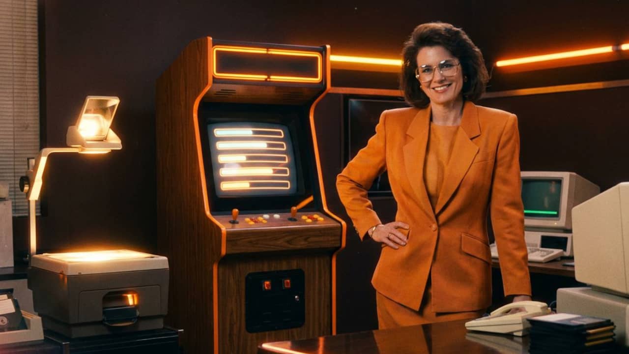Ein selbstbewusste Managerin aus den 1980er Jahren steht vor einem Retro-Arcade-Automaten und stellt die Einführung von KI in einem Unternehmen als Spiel mit fünf Levels dar. Der Bildschirm des Spielautomaten zeigt fünf leuchtende Stufen als abstrakte Fortschrittsbalken, ohne Text. Der Manager trägt einen klassischen 80er-Jahre-Power-Anzug mit Schulterpolstern in warmen Orangetönen, hat gestylte Haare und nimmt eine selbstbewusste und entspannte Haltung ein. Die Umgebung ist ein schwach beleuchtetes, aufgeräumtes Büro mit einem alten Overheadprojektor und alter Computerausstattung.