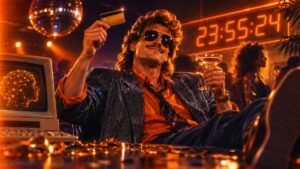 80er-Jahre-KI-Party auf Pump: Geschäftsmann mit Kreditkarte und Champagner feiert vor einem Retro-Computer mit KI-Darstellung, während ein Countdown auf 23:55:24 läuft – Symbol für KI-Investitionen, künstliche Intelligenz, Digitalisierung, Unternehmensfinanzierung und den aktuellen KI-Hype.
