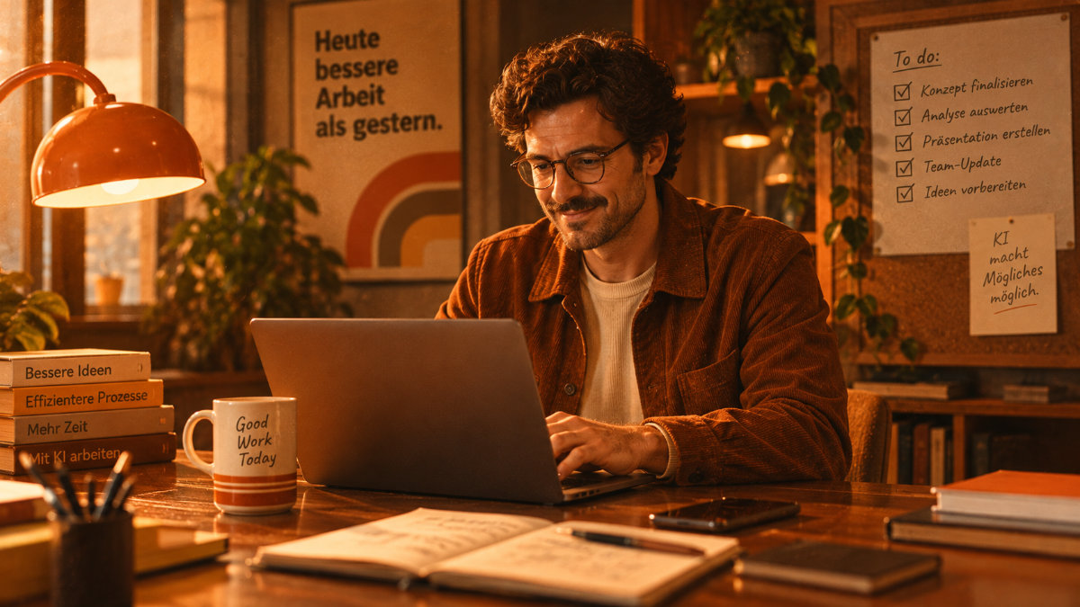 Mann sitzt am Schreibtisch mit brauner Kordjacke und schreibt an einem Laptop