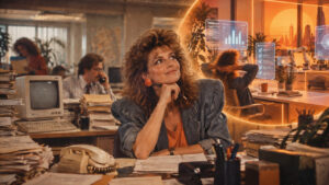 Frau in unaufgeräumtem Büro träumt von der Zukunft der Arbeit mit Hologrammen und KI.